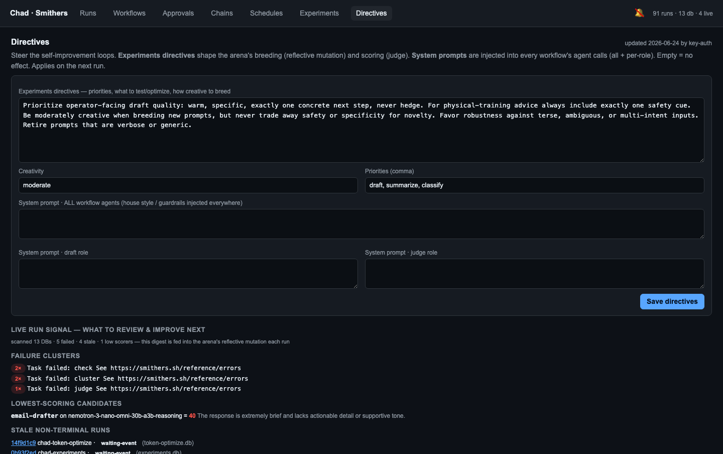 Directives tab — operator steering plus the live DB-signal digest that feeds Chad's self-improvement loop