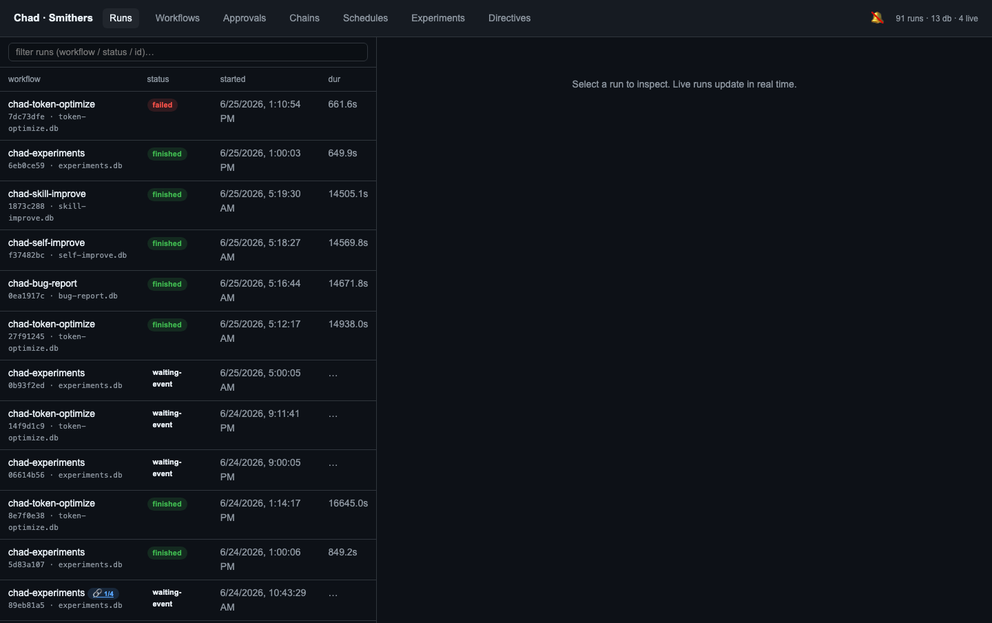 Runs IDE — the seven-tab Smithers workflow dashboard